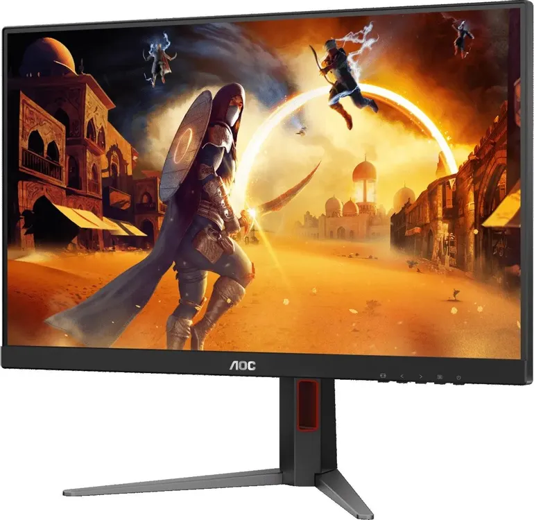 AOC Q27G4/D боковой профиль — тонкий корпус, высокая подставка с красными вставками