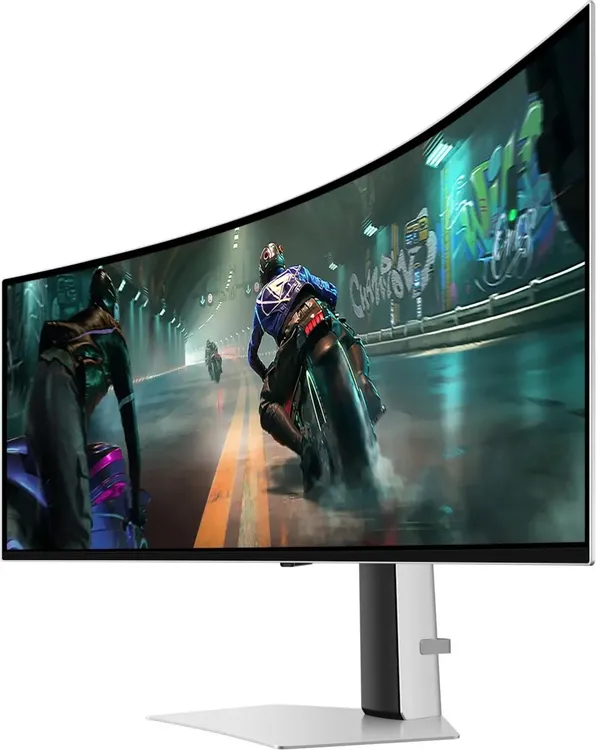 Samsung Odyssey OLED G9 S49DG910SIXCI фронтальный вид OLED-панели с яркими цветами и изогнутым экраном