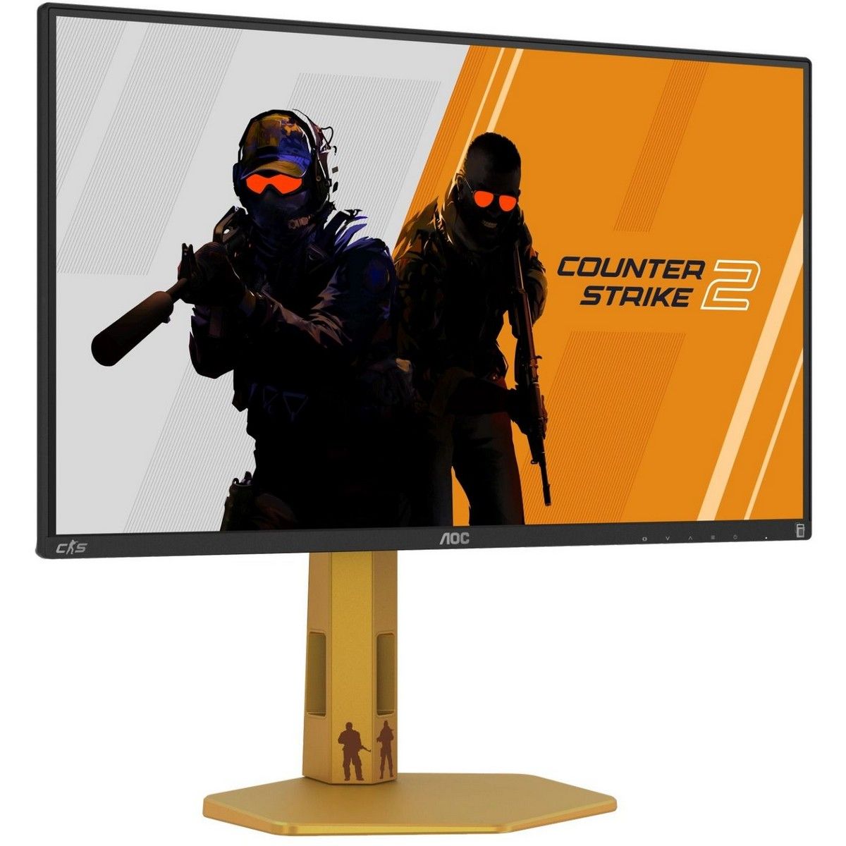 AOC CS25G вид спереди и сбоку на золотистой подставке с Counter-Strike 2 на экране