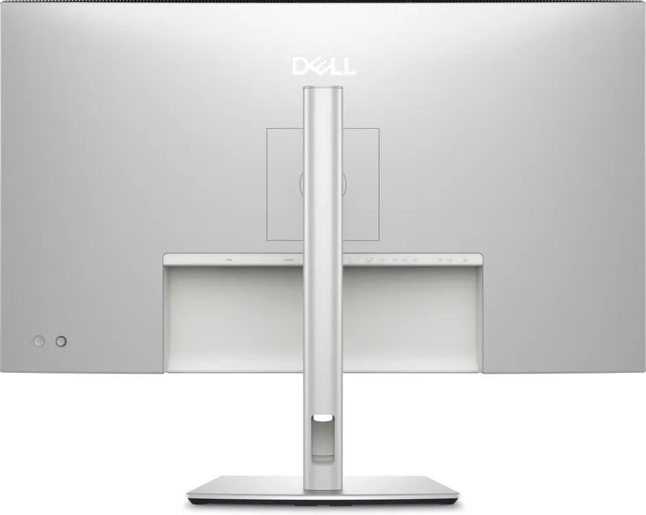 Dell UltraSharp U3225QE вид сзади, белый корпус, вертикальная подставка с поворотным механизмом и кабельными проходами