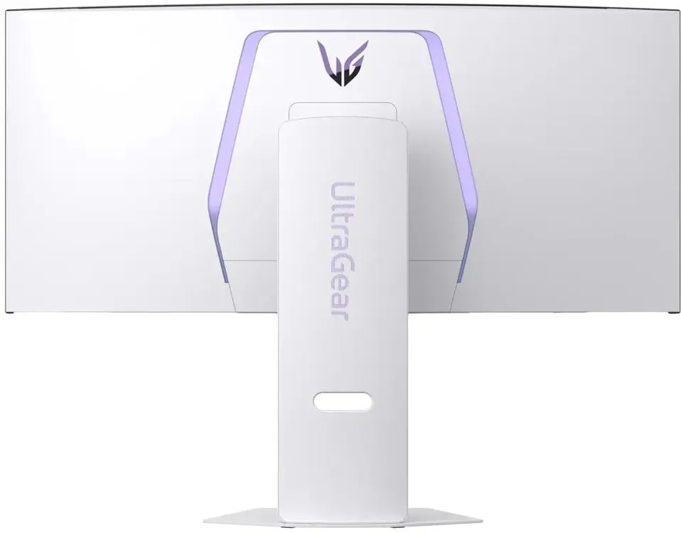 LG UltraGear 34GX90SA-W вид сзади задняя панель логотип UltraGear белая подставка фиолетовые акценты
