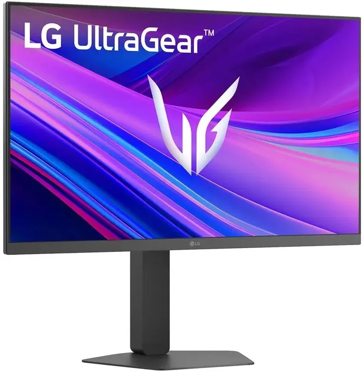 LG 27G440A-B монитор вид спереди на регулируемой подставке с фирменной заставкой UltraGear