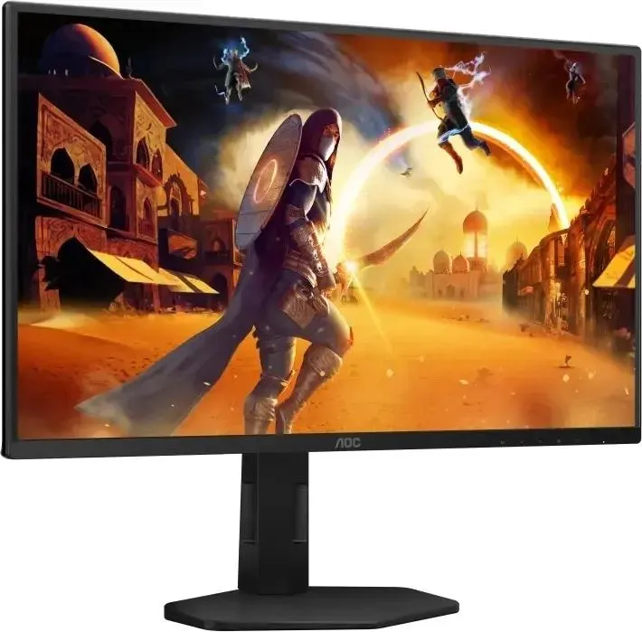 AOC 25G4SXU вид спереди под углом с игровым контентом на экране