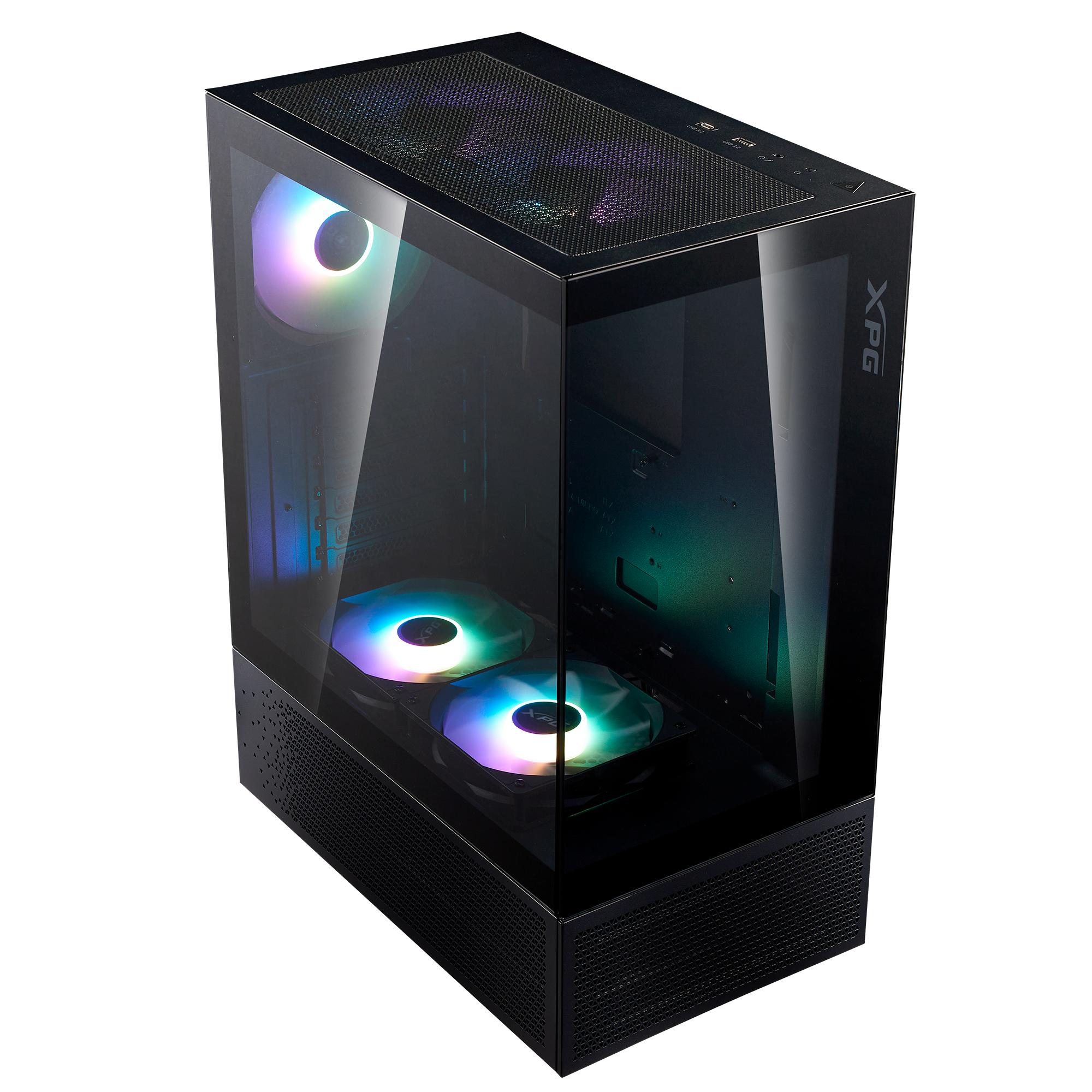 ADATA XPG INVADER X MINI вид под углом 45 градусов — прозрачная боковая панель, логотип XPG, ARGB-вентиляторы сверху и снизу