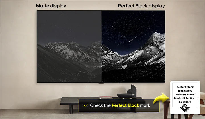 Сравнение матового дисплея и OLED — горный пейзаж ночью. На OLED черное небо выглядит глубоким, на матовом дисплее — серым. Сертификат Идеальный черный 0,24 нит до 500 лк.
