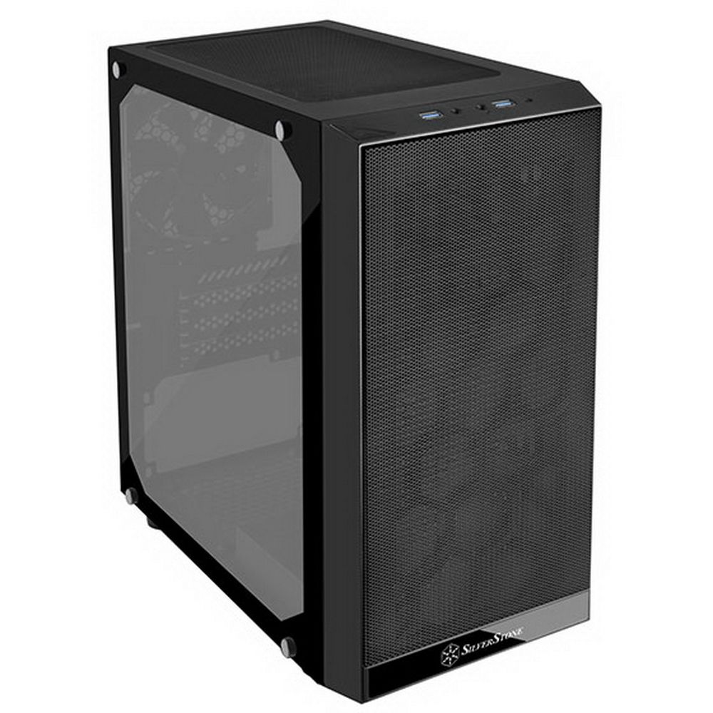 SilverStone SST-PS15B-PRO вид спереди под углом USB-порты верхняя панель прозрачная боковая стенка