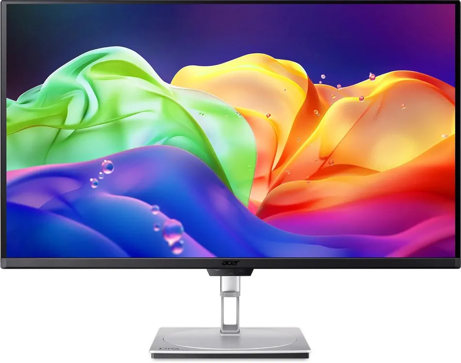 Acer ProCreator PE320QKXsmiiphuzx вид спереди, минималистичный дизайн с серебристой подставкой и тонкими боковыми рамками