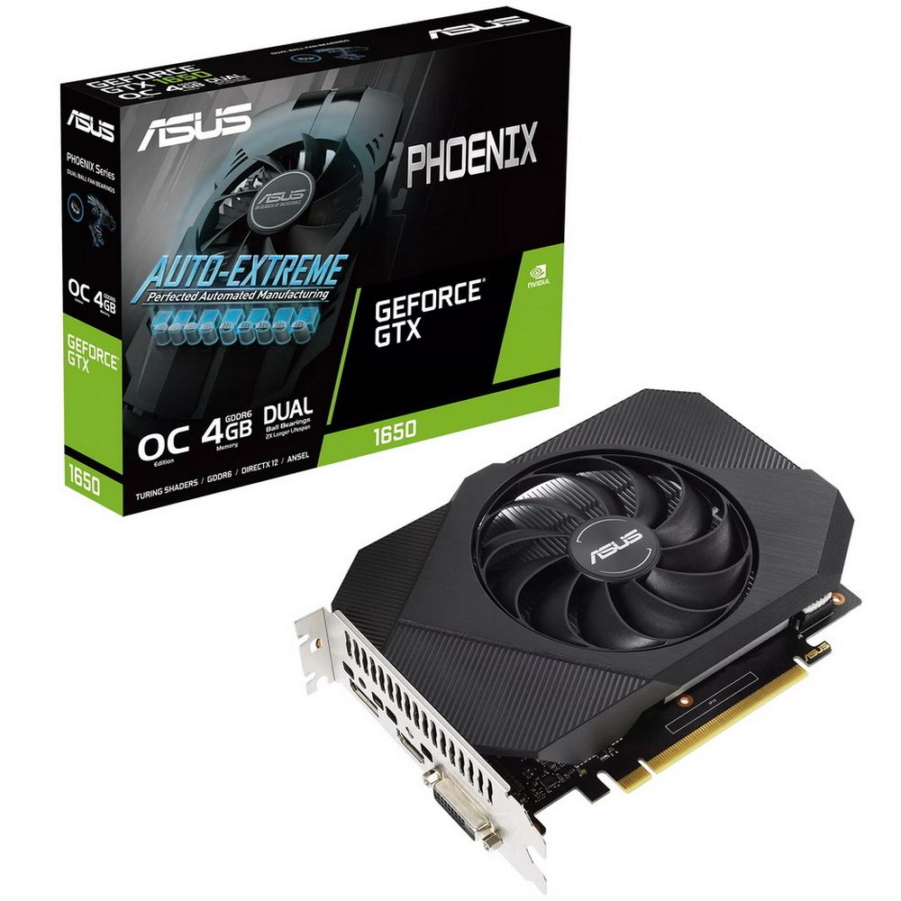Asus GeForce GTX 1650 Phoenix — компактный корпус 174 мм, один вентилятор, разъёмы DVI-D DisplayPort HDMI