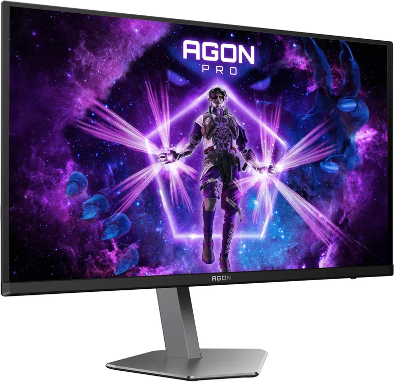 AOC AGON AG276QZD2 вид спереди под углом с яркой тестовой картинкой на экране