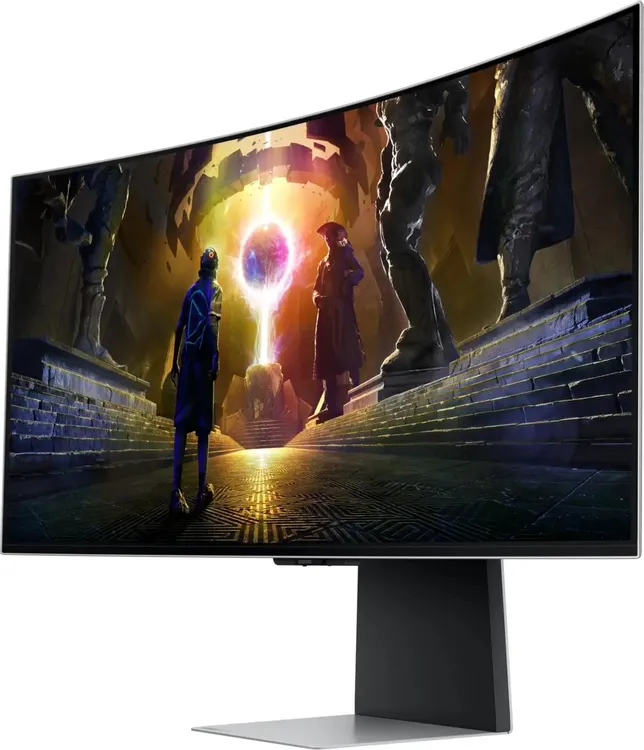 Samsung Odyssey OLED G8 S34DG852SIXCI — боковой профиль изогнутого экрана и тонкая подставка