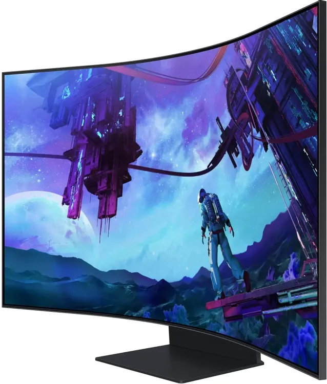 Samsung Odyssey Ark S55CG97WNI вид сбоку — изогнутая панель на подставке, тонкий профиль корпуса