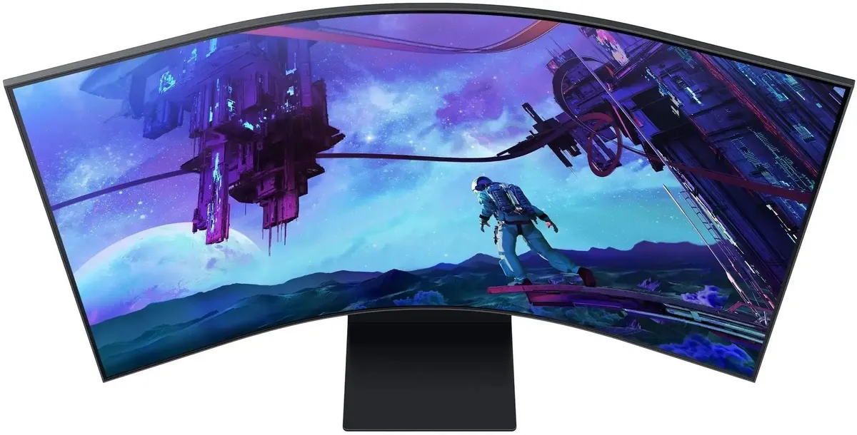 Samsung Odyssey Ark S55CG97WNI вид сверху — два монитора рядом, демонстрация экстремальной кривизны 1000R