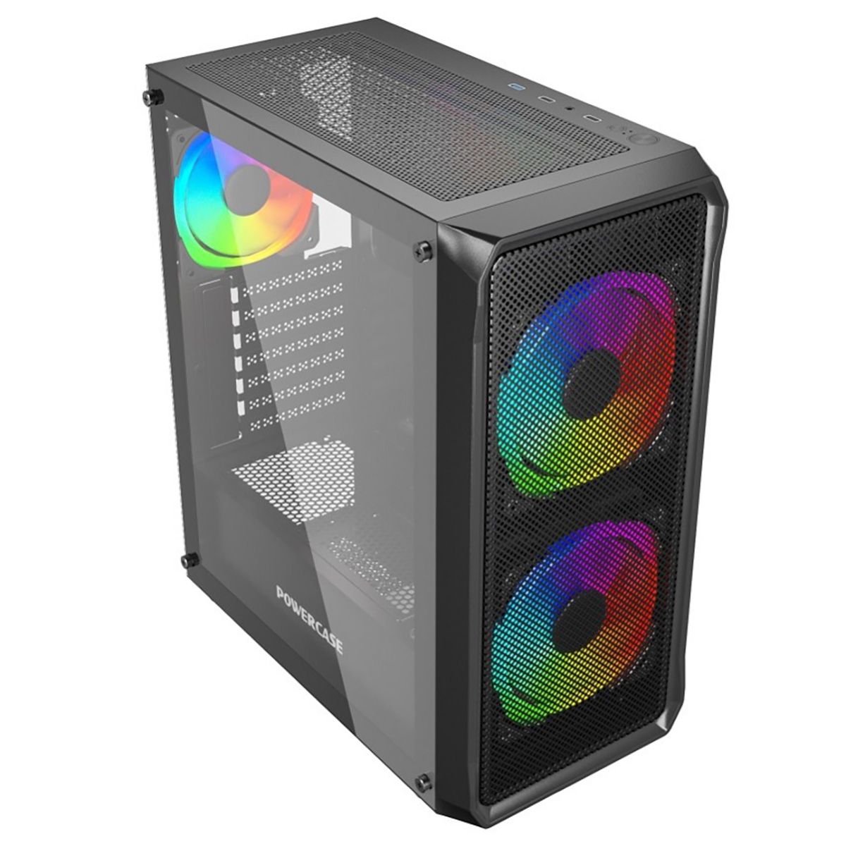 Powercase Mistral Edge SE CMSEB-A3 — вид спереди под углом, ARGB-вентиляторы и прозрачная боковая панель