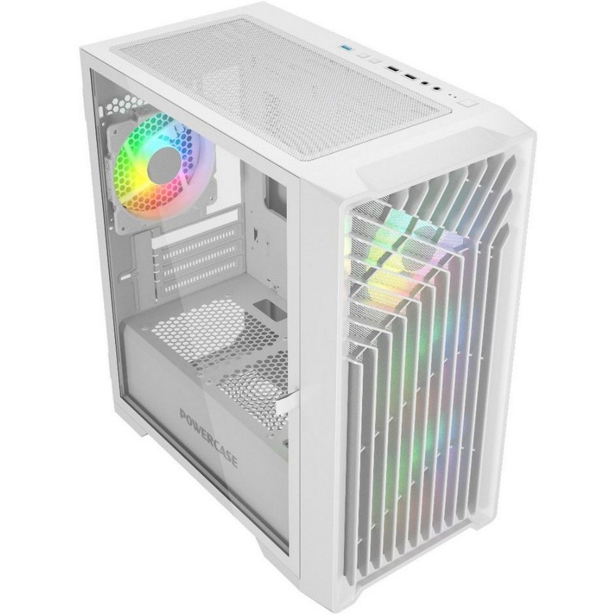 Powercase Mistral Micro X4W вид спереди под углом, RGB вентилятор и прозрачная передняя панель