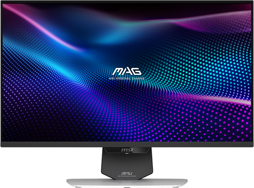 MSI MPG 274URDFW E16M Rapid вид спереди &mdash; включённый экран с демонстрацией цветов и градиентов