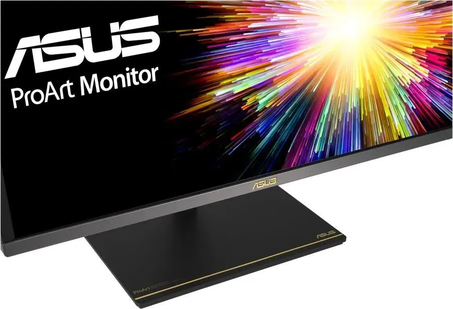 ASUS ProArt PA27UCX-K вид спереди под углом с демонстрацией цветовой палитры на экране
