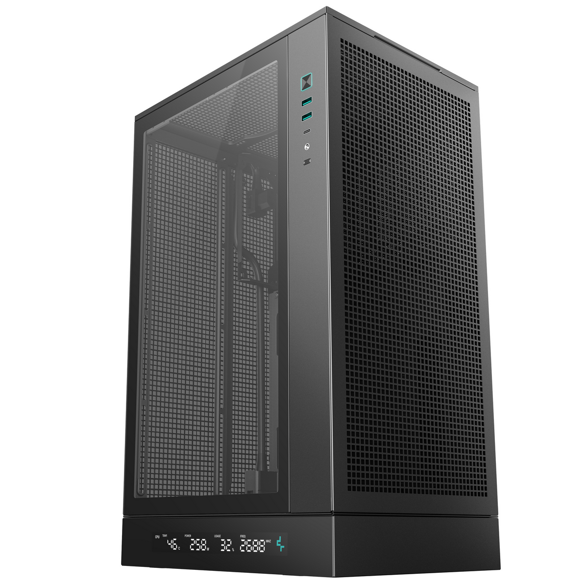 DeepCool CH270 DIGITAL вид спереди — металлическая сетчатая панель, боковое темпированное стекло, внутренние компоненты сборки