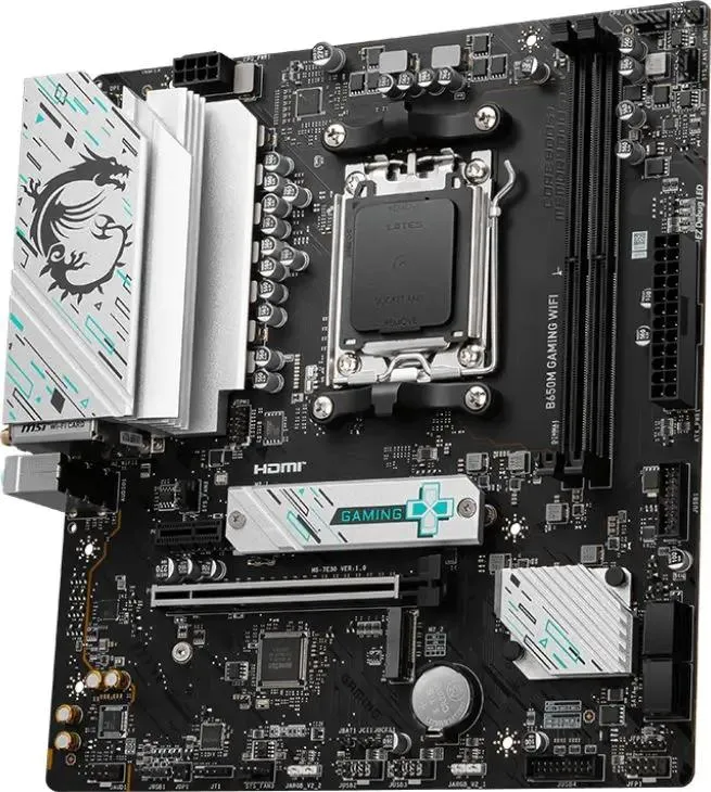 MSI B650M Gaming Wifi чёрный PCB белые элементы дизайна Gaming маркировка установленный CPU-кулер