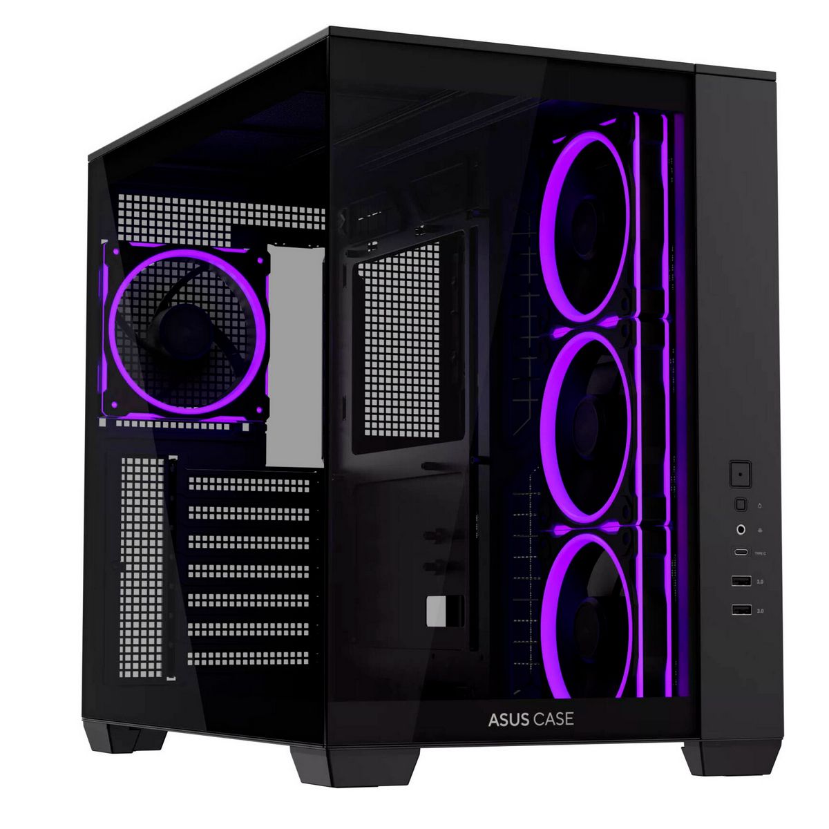 ASUS A32 PLUS вид спереди с открытой боковой стеклянной панелью и ARGB-вентиляторами